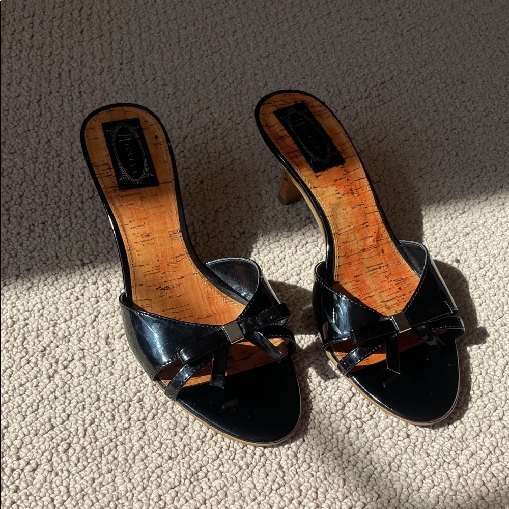 Black Patent Slide Heels with Bow